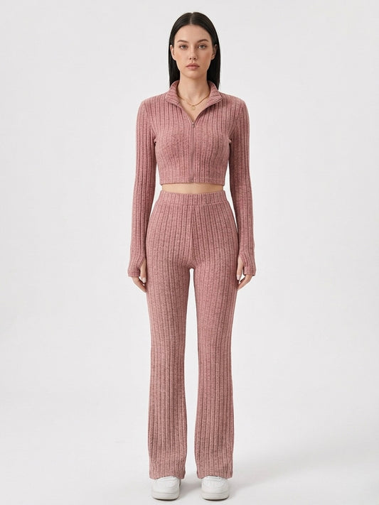 Ribbed Polo Crop Top & Flared Pants Set