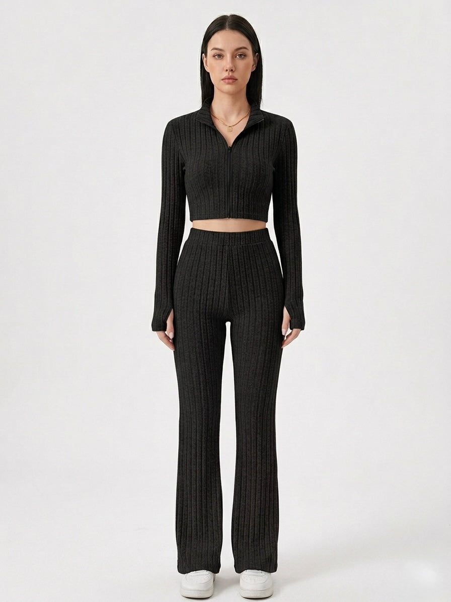 Ribbed Polo Crop Top & Flared Pants Set