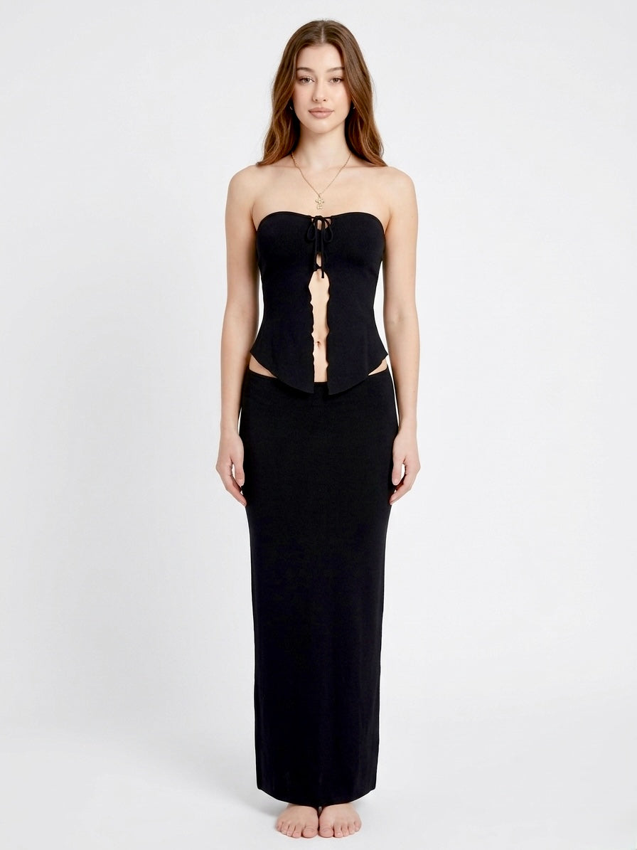 High-Neck Long Sleeve Knit Top & Maxi Skirt Set