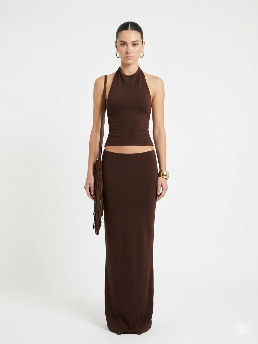 Sky Blue Serenity: Halter Maxi Two-Piece Set
