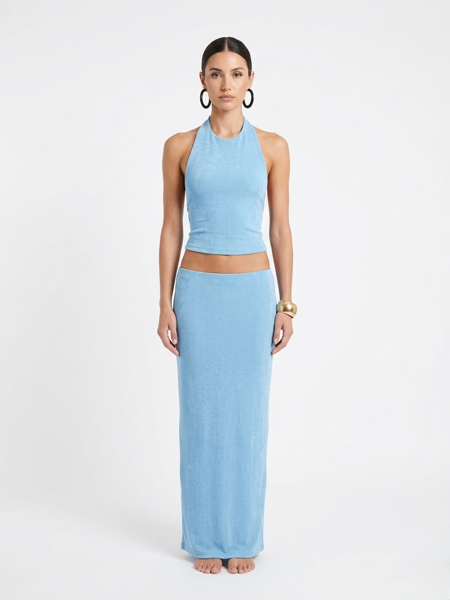Sky Blue Serenity: Halter Maxi Two-Piece Set
