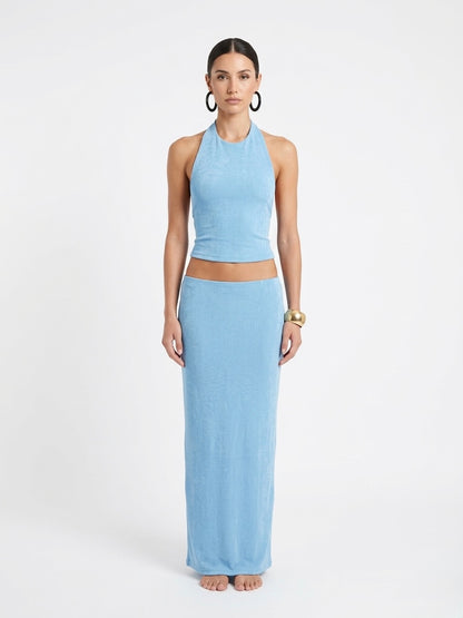 Sky Blue Serenity: Halter Maxi Two-Piece Set