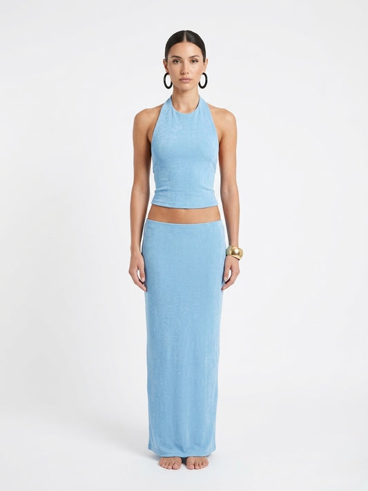 Sky Blue Serenity: Halter Maxi Two-Piece Set