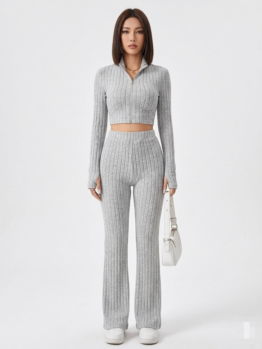 Ribbed Polo Crop Top & Flared Pants Set