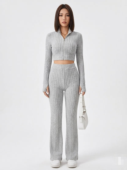 Ribbed Polo Crop Top & Flared Pants Set