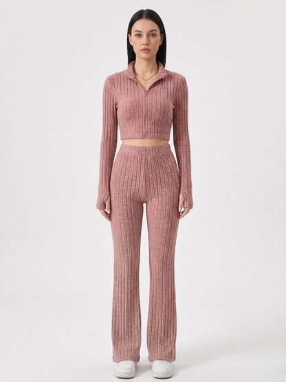 Ribbed Polo Crop Top & Flared Pants Set