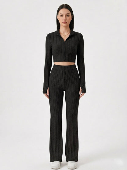 Ribbed Polo Crop Top & Flared Pants Set