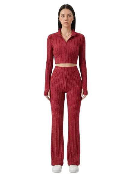 Ribbed Polo Crop Top & Flared Pants Set