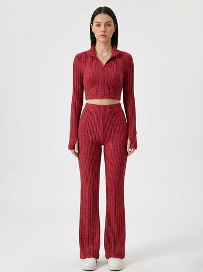 Ribbed Polo Crop Top & Flared Pants Set