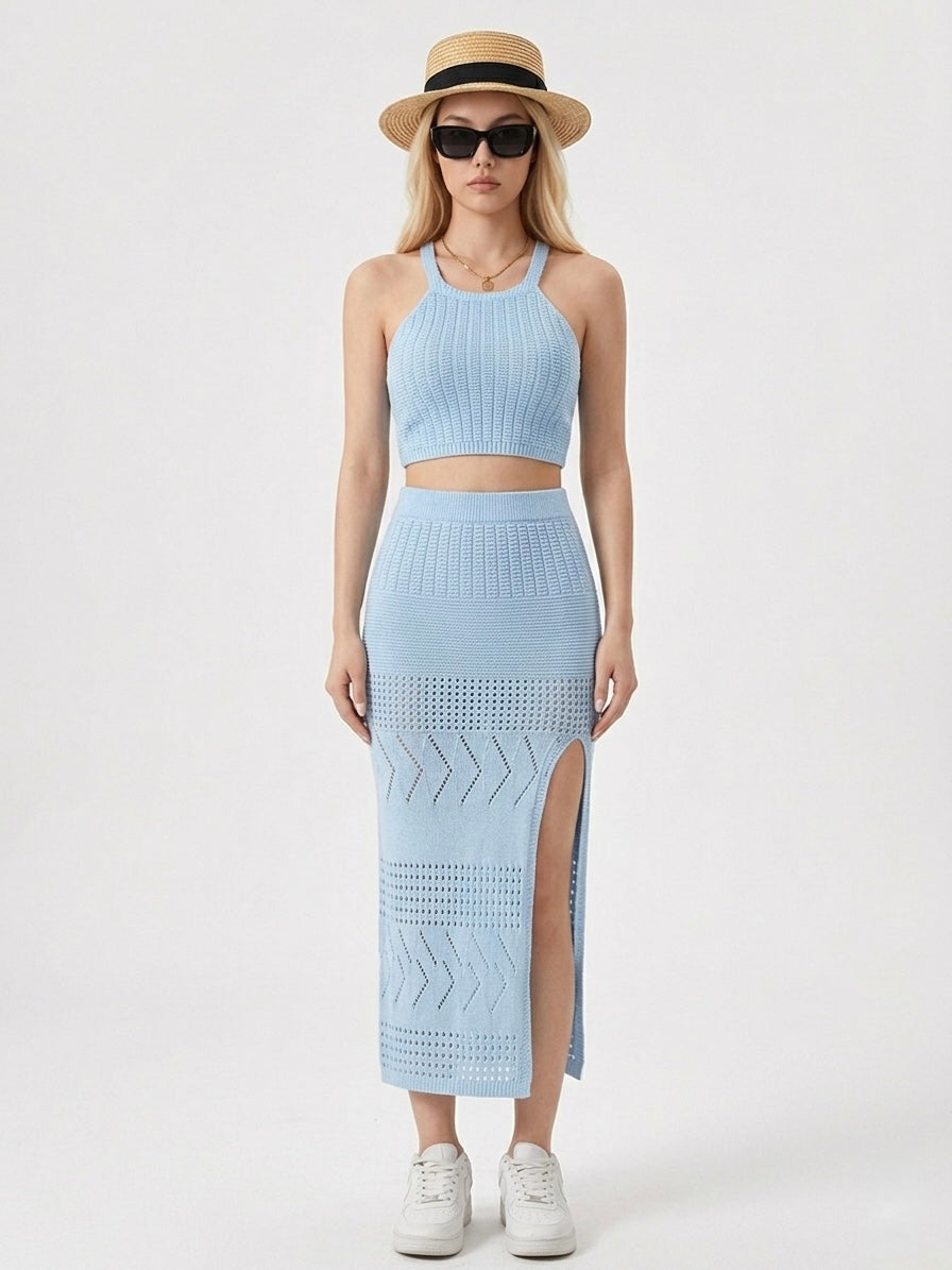sla Knit Halter Crop Top & Pointelle Maxi Skirt Set - White