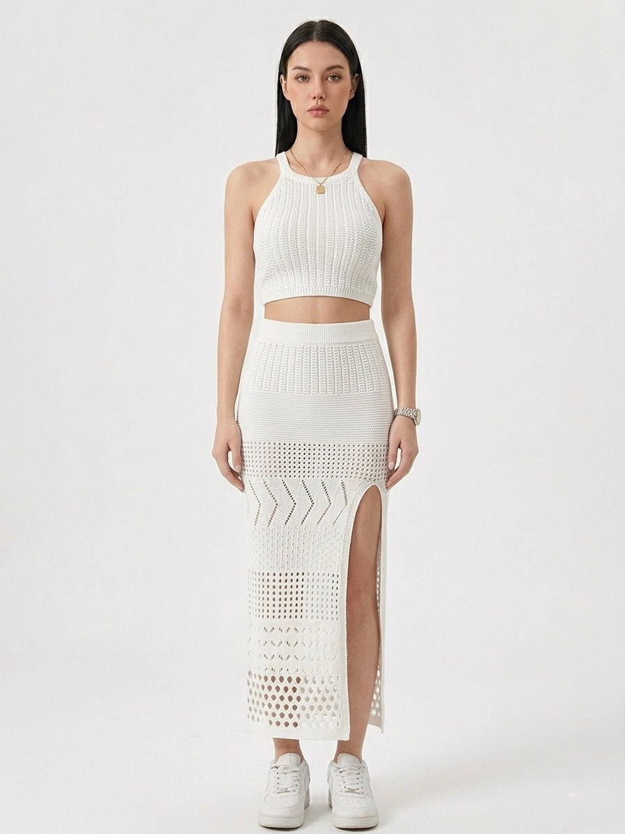 sla Knit Halter Crop Top & Pointelle Maxi Skirt Set - White