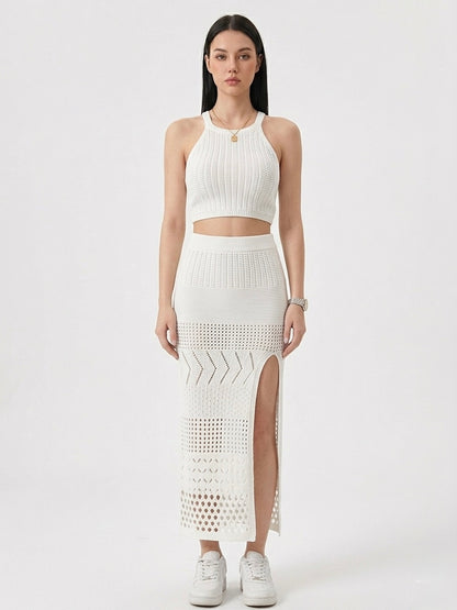 sla Knit Halter Crop Top & Pointelle Maxi Skirt Set - White
