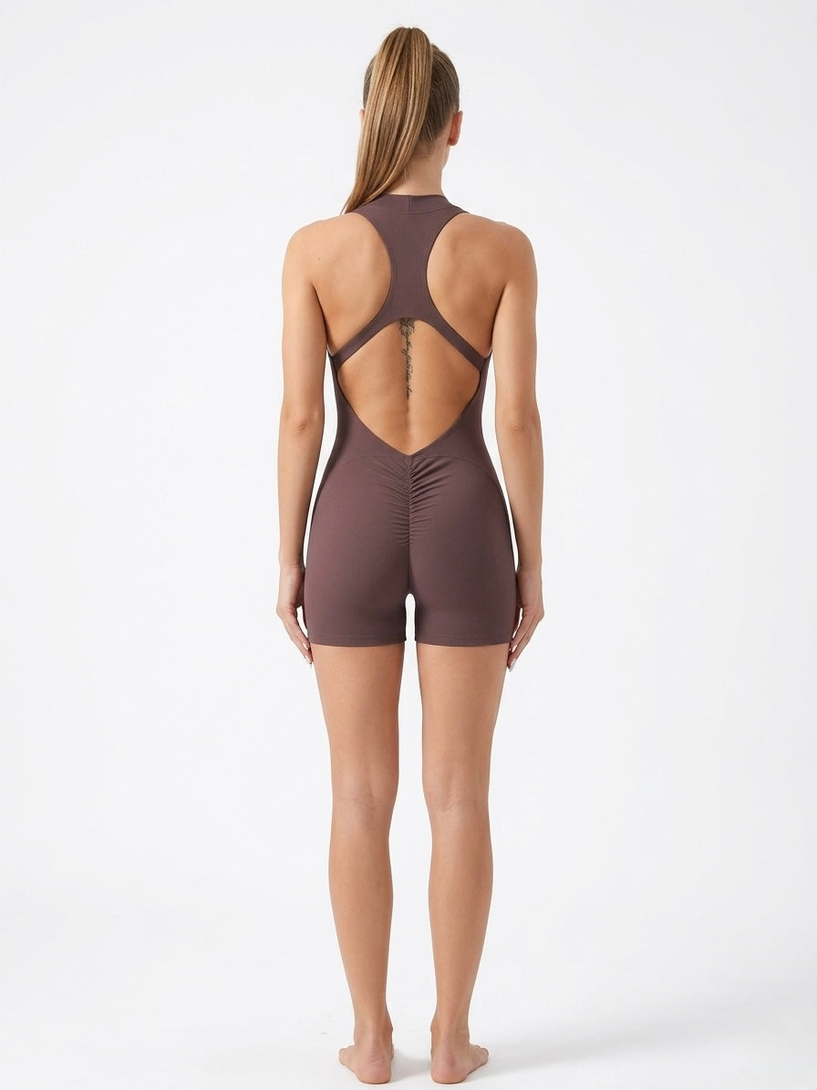 Onyx Black Halter-Neck Active Romper with Front Zipper
