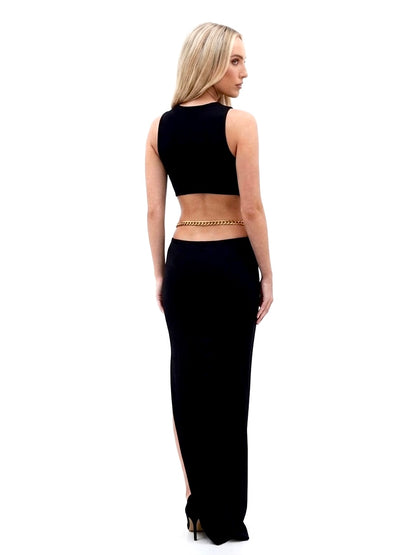 Cut-Out Halter Maxi Dress with Gold Link Details