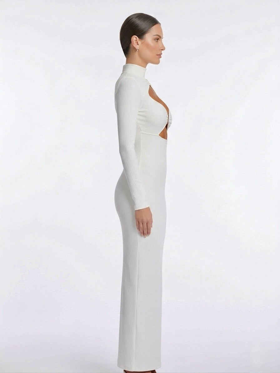 Off-White Long Sleeve Cut-Out Maxi Dress with Gold Hardware