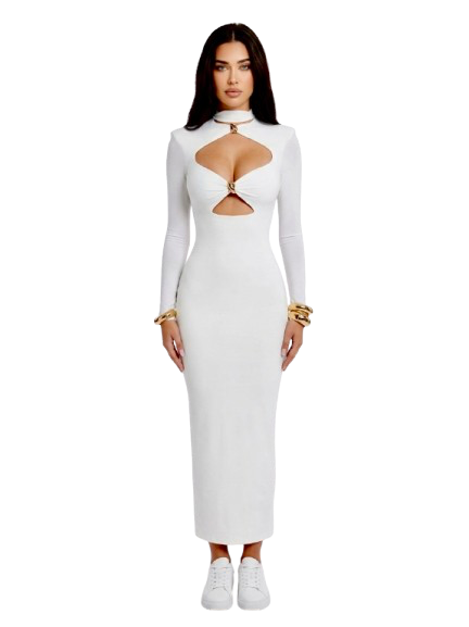 Off-White Long Sleeve Cut-Out Maxi Dress with Gold Hardware