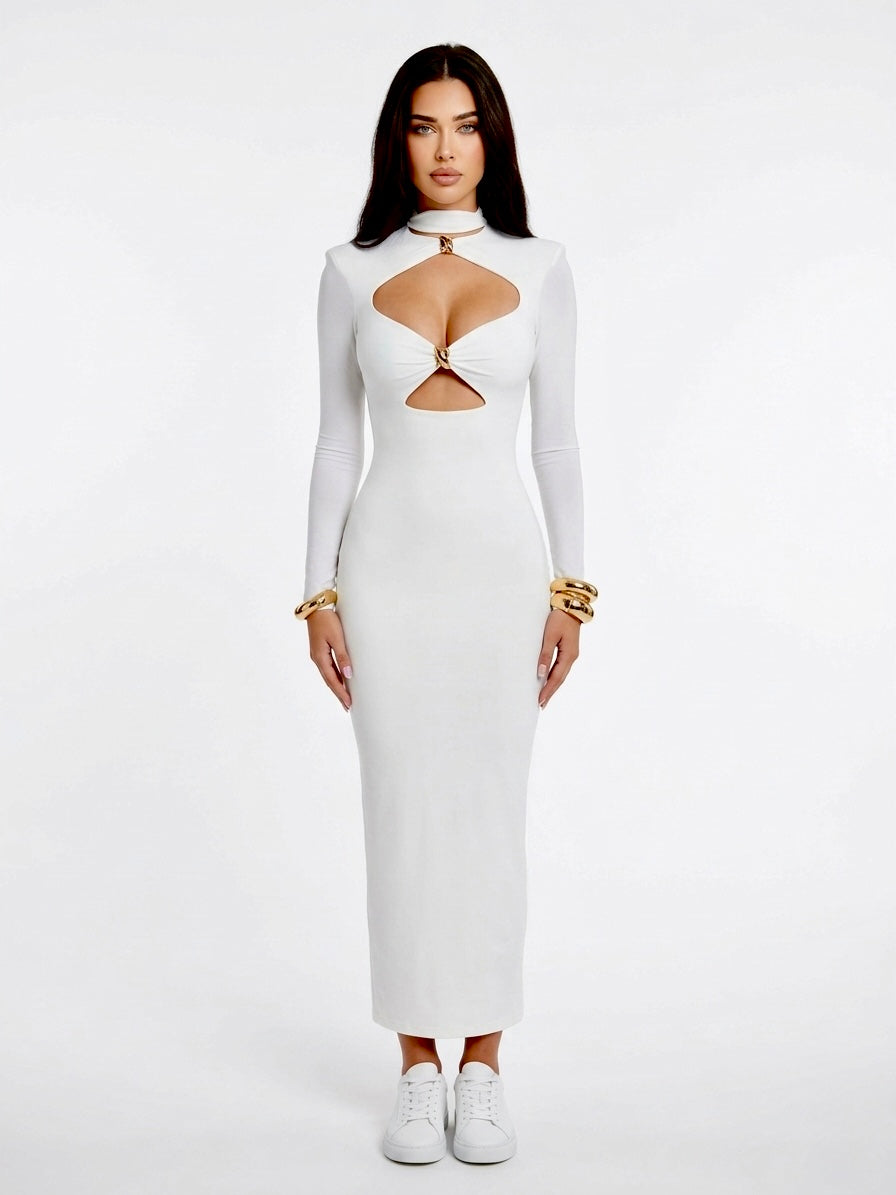 Off-White Long Sleeve Cut-Out Maxi Dress with Gold Hardware