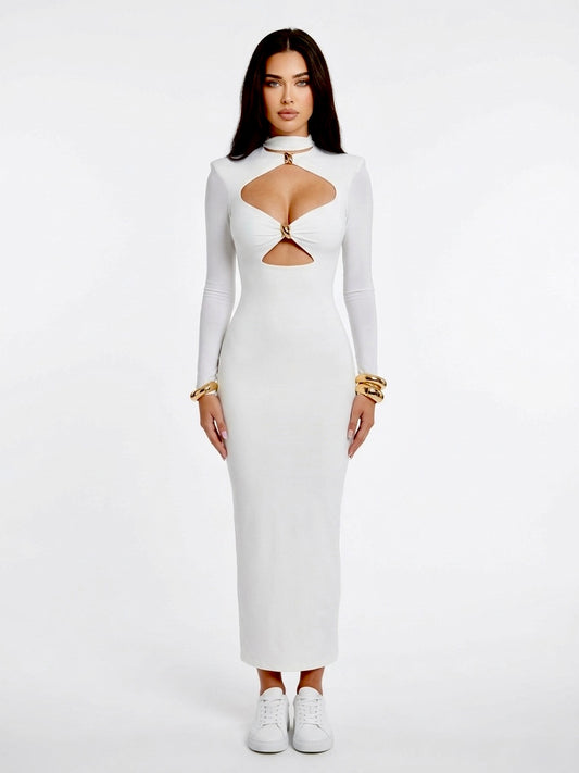 Off-White Long Sleeve Cut-Out Maxi Dress with Gold Hardware