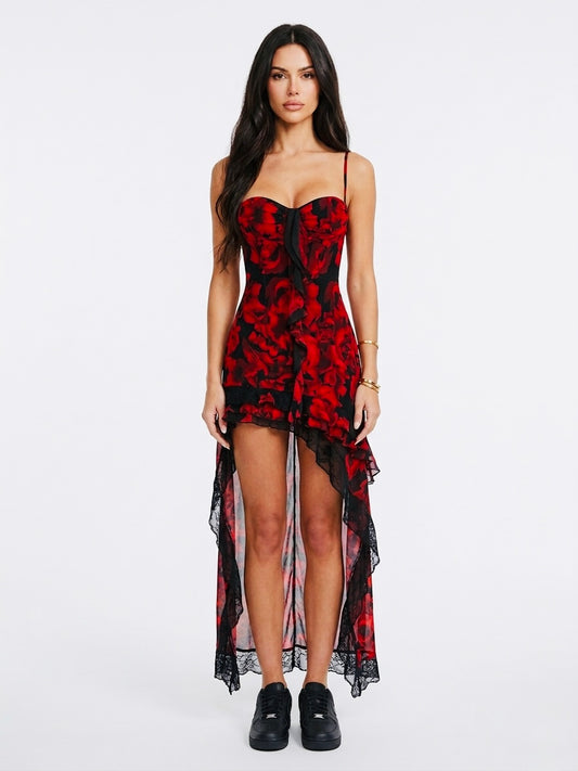 Gothic Floral High-Low Corset Maxi Dress