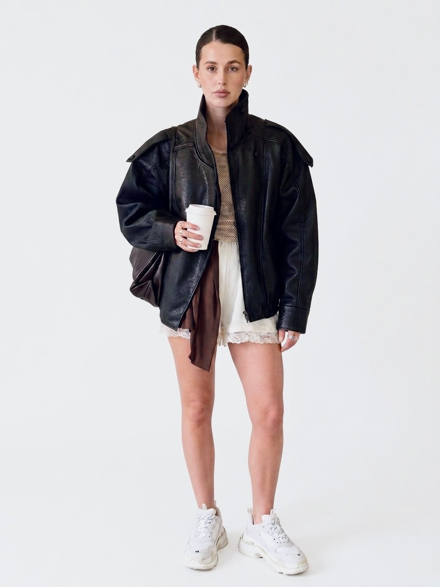 Premium Oversized Faux Leather Jacket with Convertible Collar