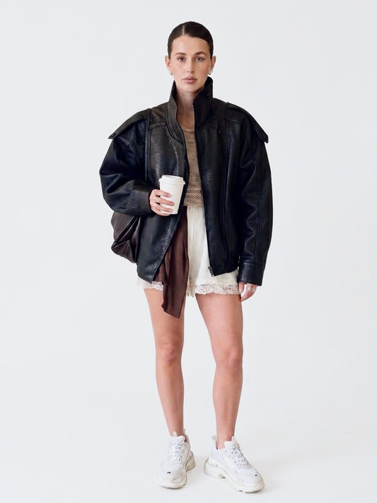 Premium Oversized Faux Leather Jacket with Convertible Collar