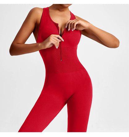 Fuchsia Ribbed Performance Zipper-Front One-Piece Unitard