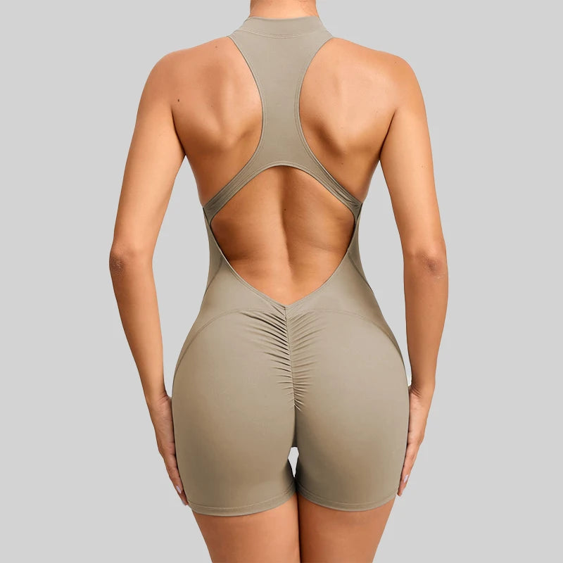 Onyx Black Halter-Neck Active Romper with Front Zipper