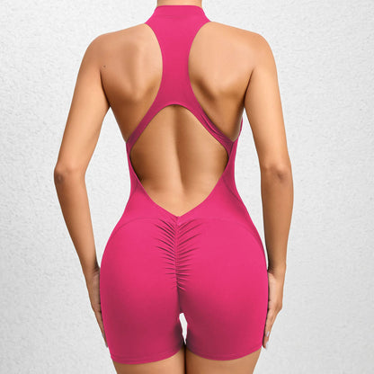 Onyx Black Halter-Neck Active Romper with Front Zipper