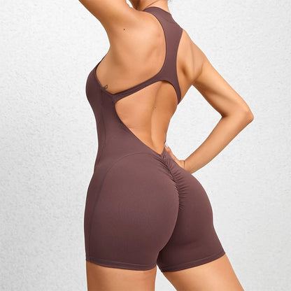Onyx Black Halter-Neck Active Romper with Front Zipper