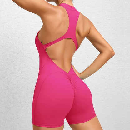 Onyx Black Halter-Neck Active Romper with Front Zipper