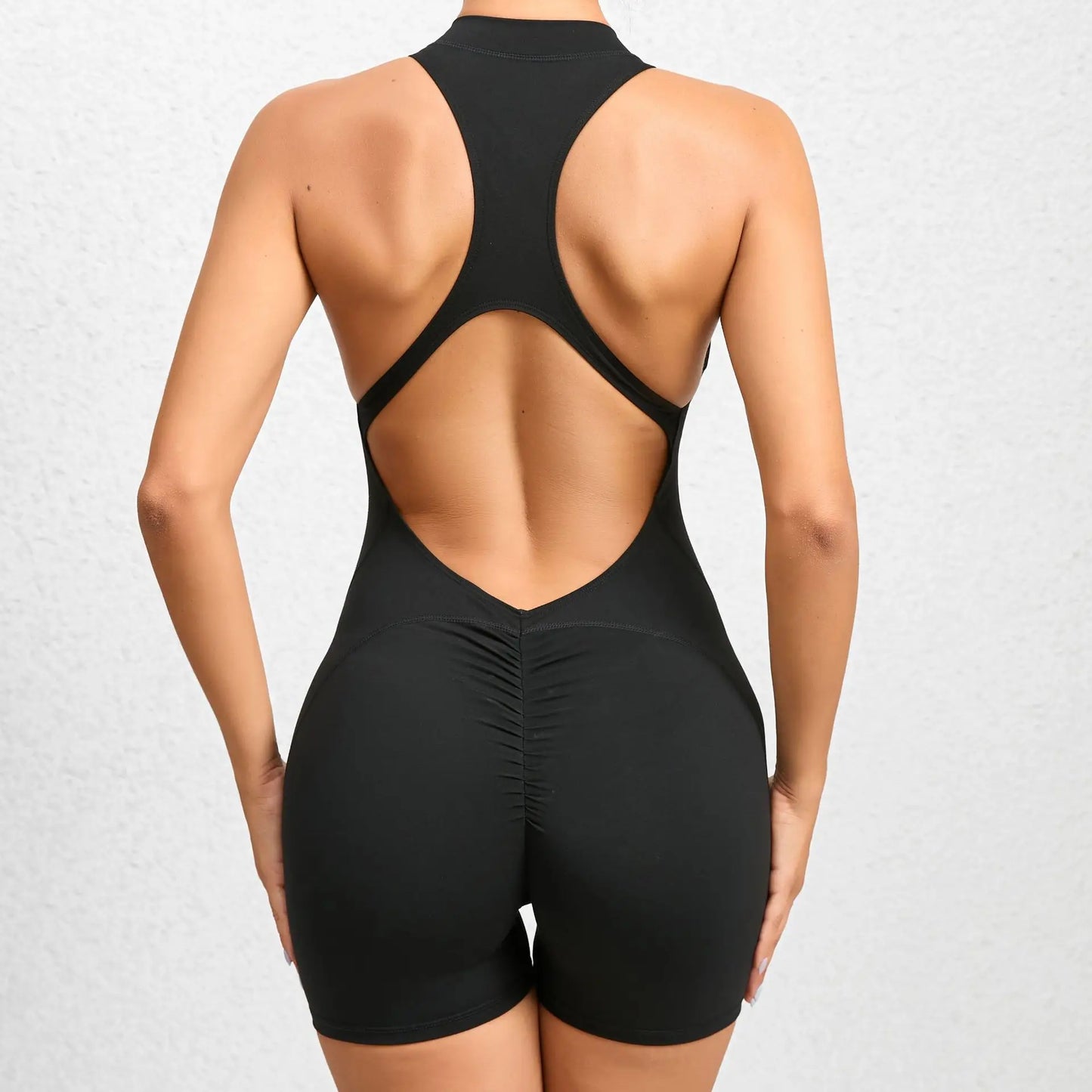 Onyx Black Halter-Neck Active Romper with Front Zipper