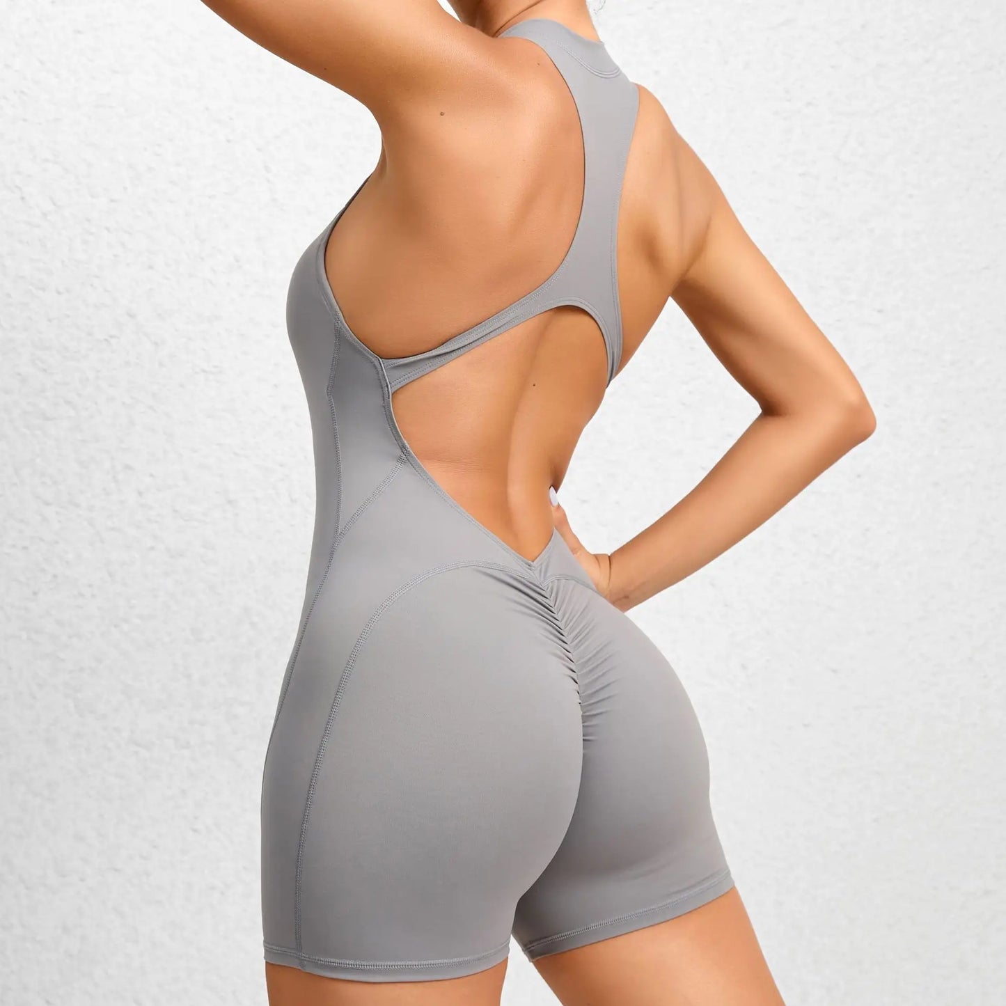 Onyx Black Halter-Neck Active Romper with Front Zipper