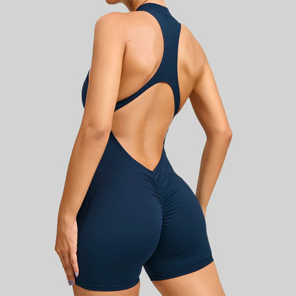 Onyx Black Halter-Neck Active Romper with Front Zipper