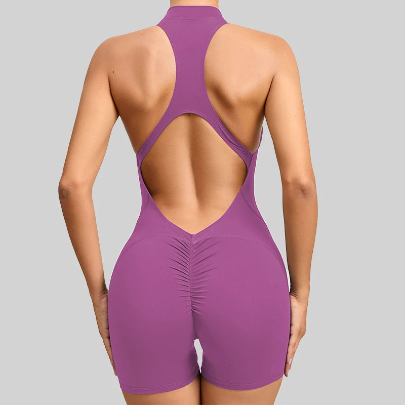 Onyx Black Halter-Neck Active Romper with Front Zipper