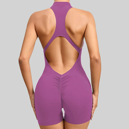 Onyx Black Halter-Neck Active Romper with Front Zipper