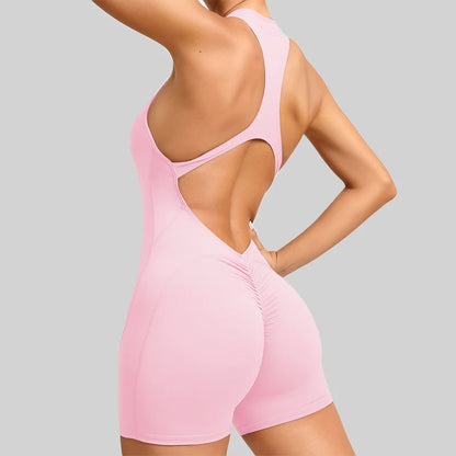 Onyx Black Halter-Neck Active Romper with Front Zipper