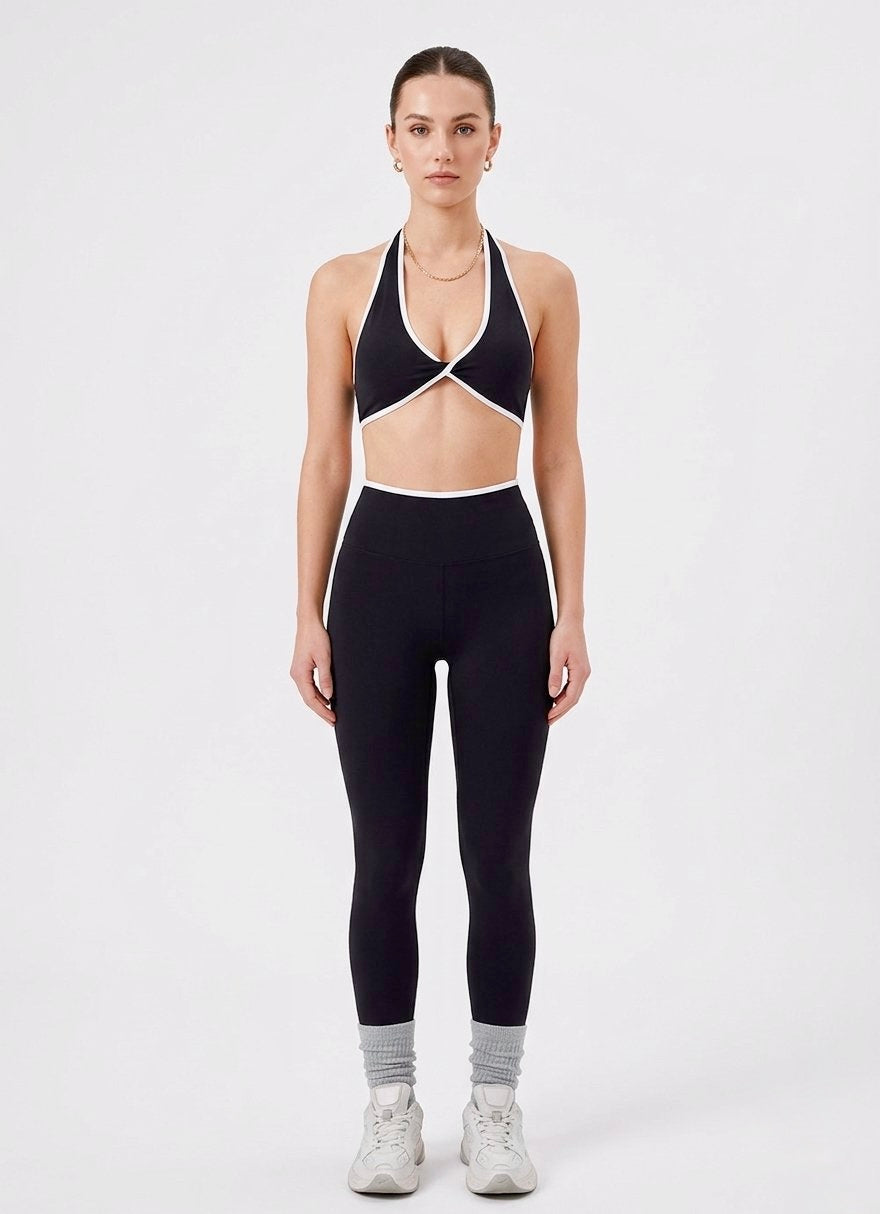 SculptFlex Two-Piece Yoga Set - Contrast Trim Halter Top & High-Waist Leggings