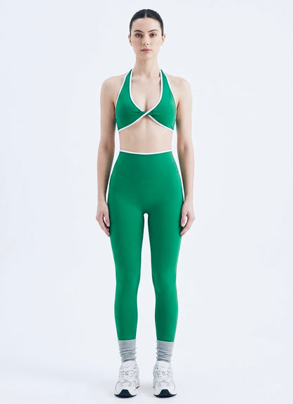 SculptFlex Two-Piece Yoga Set - Contrast Trim Halter Top & High-Waist Leggings