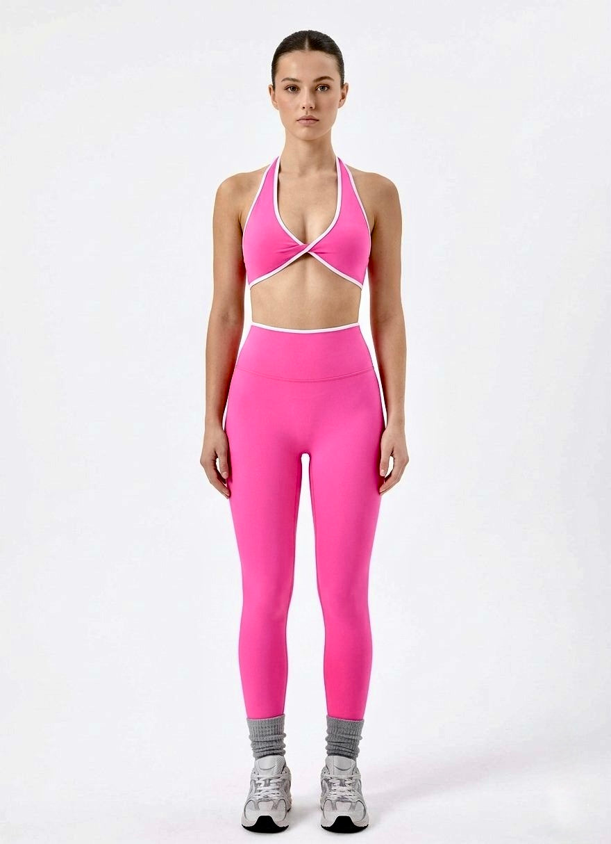 SculptFlex Two-Piece Yoga Set - Contrast Trim Halter Top & High-Waist Leggings