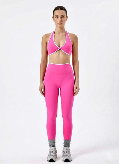 SculptFlex Two-Piece Yoga Set - Contrast Trim Halter Top & High-Waist Leggings