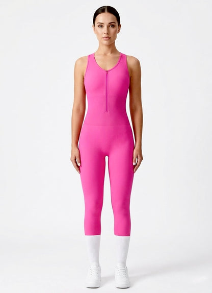 Fuchsia Ribbed Performance Zipper-Front One-Piece Unitard