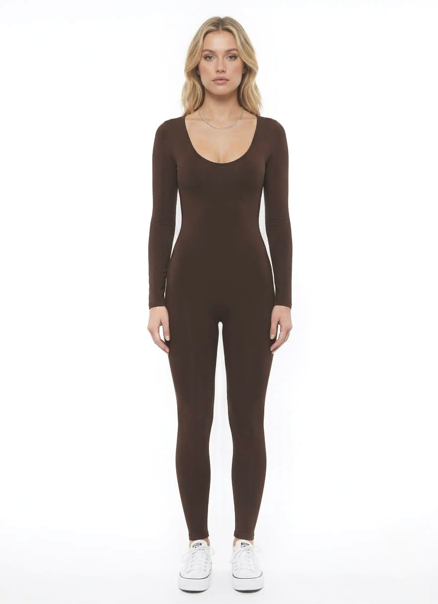 Option 1 (Catchy & SEO-friendly): Chic Ribbed Long Sleeve Jumpsuit – Fitted Scoop Neck Bodysuit
