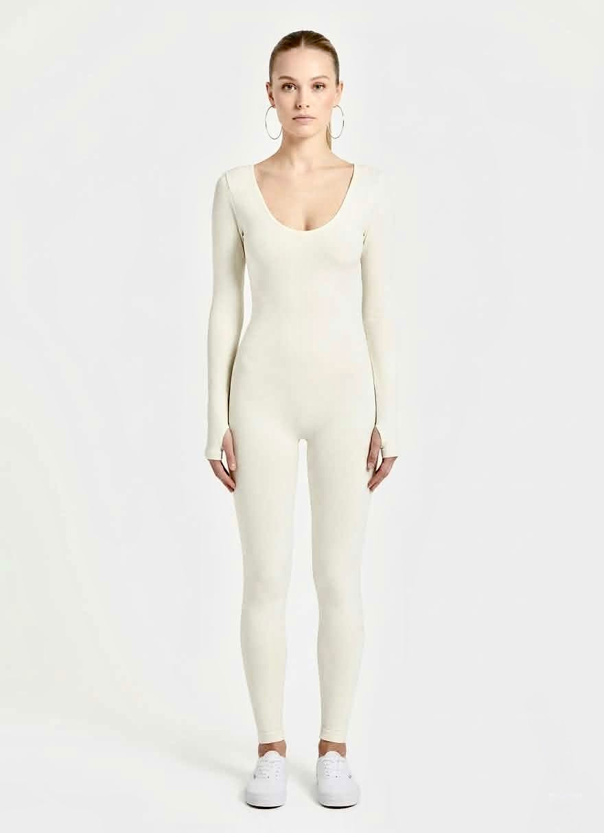 Option 1 (Catchy & SEO-friendly): Chic Ribbed Long Sleeve Jumpsuit – Fitted Scoop Neck Bodysuit