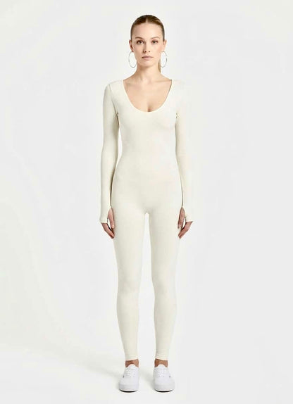 Option 1 (Catchy & SEO-friendly): Chic Ribbed Long Sleeve Jumpsuit – Fitted Scoop Neck Bodysuit