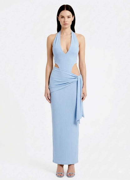 Sky Blue Halter Maxi Dress with Cut-outs & Wrap Detail
