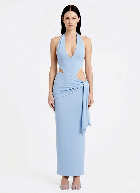 Sky Blue Halter Maxi Dress with Cut-outs & Wrap Detail