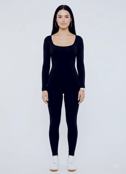 Option 1 (Catchy & SEO-friendly): Chic Ribbed Long Sleeve Jumpsuit – Fitted Scoop Neck Bodysuit