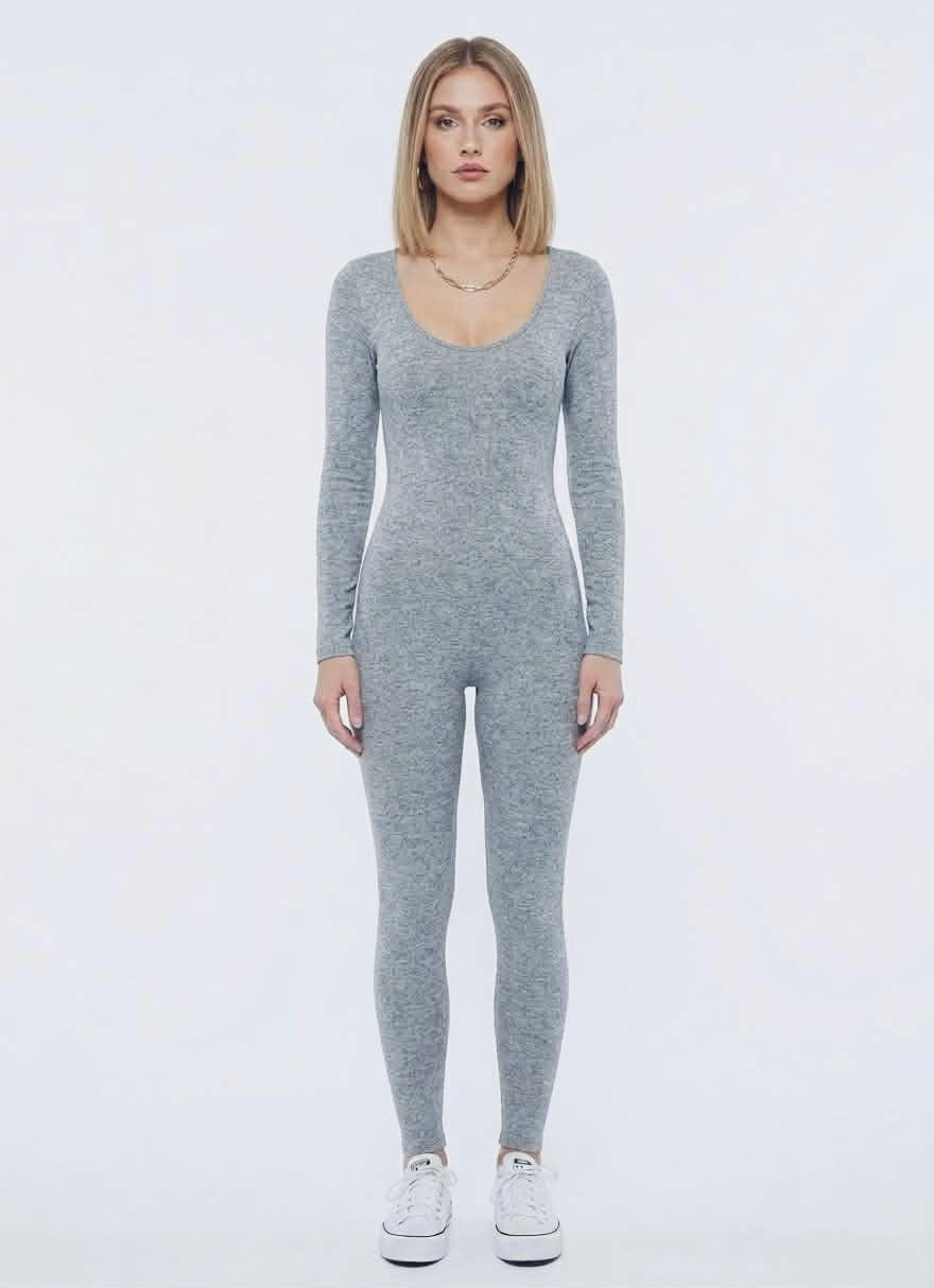 Option 1 (Catchy & SEO-friendly): Chic Ribbed Long Sleeve Jumpsuit – Fitted Scoop Neck Bodysuit