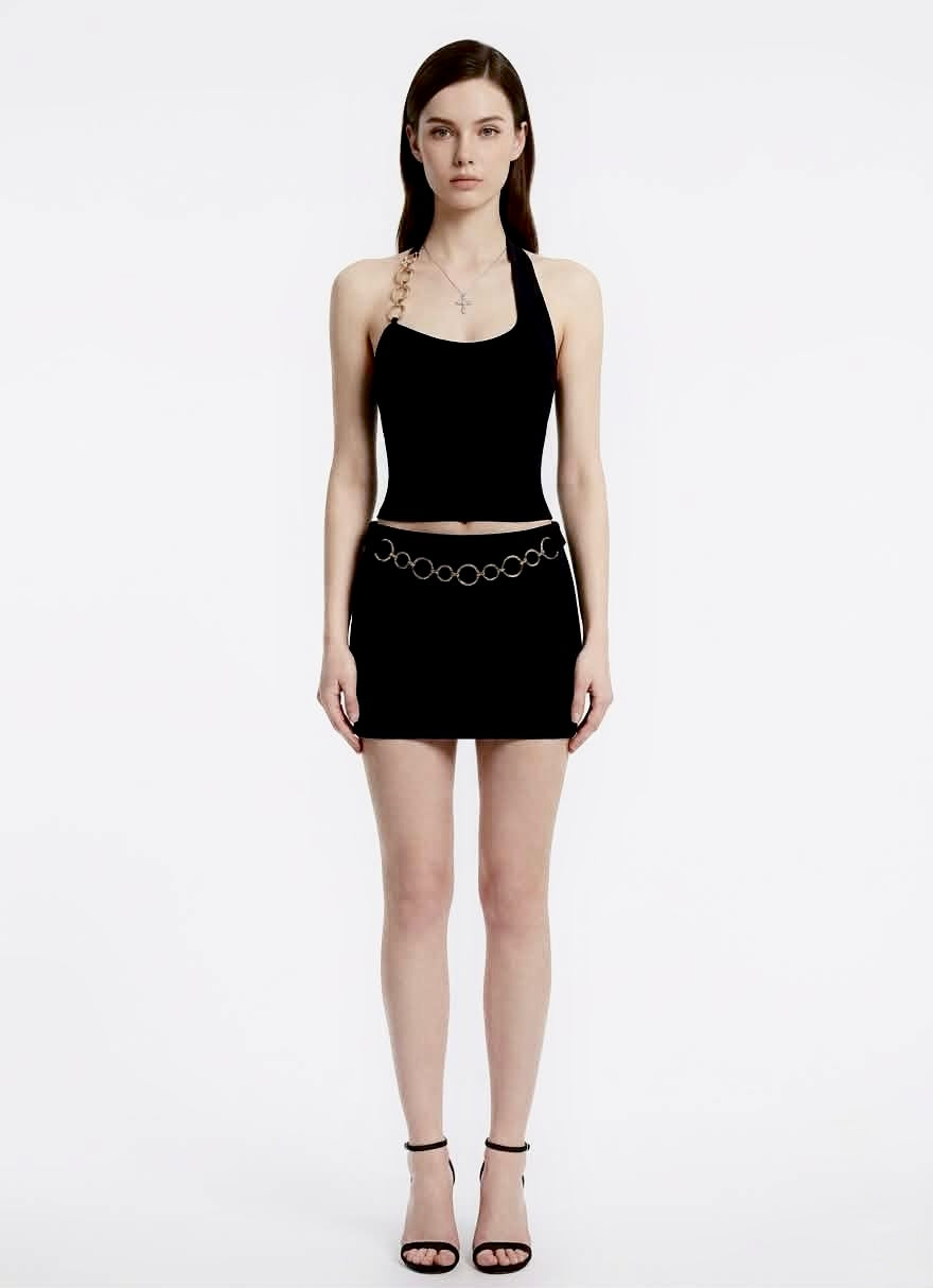 Women's Halter Crop Top With Metal Ring Backless Design Bodycon Mini Skirt Set Sexy American Style Club Outfit