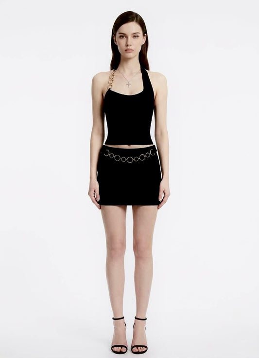 Women's Halter Crop Top With Metal Ring Backless Design Bodycon Mini Skirt Set Sexy American Style Club Outfit
